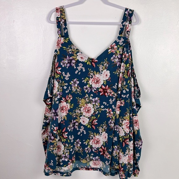 Torrid New Women’s 6X Blue Floral Print Strap Long Balloon Sleeve V-Neck Blouse - Picture 2 of 9